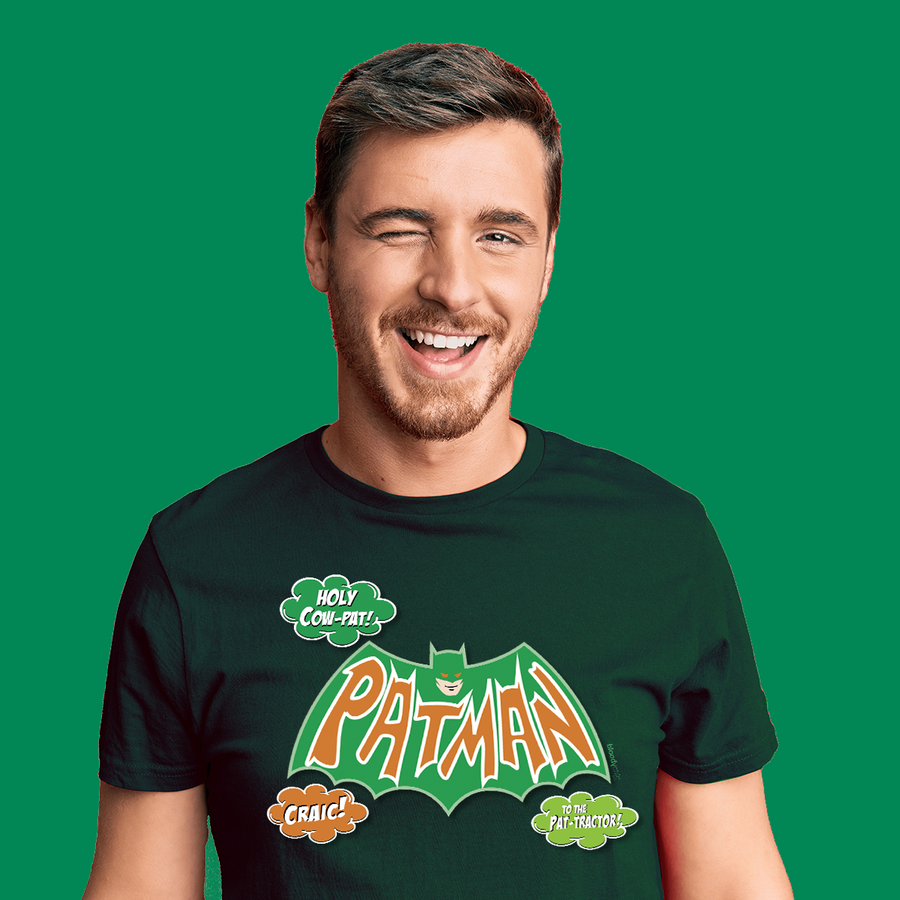 Patman to the rescue this Paddys Day; Comic Hero meets St Patrick; Fun bloodychic T-shirt design for Paddy's Day 2022