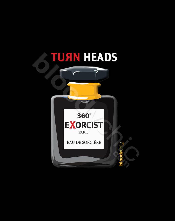 This T-shirt is a Halloween spoof of a Chanel bottle of Eau de Sorcerer, called Exorcist 360°. It’s a cool reference to a famous scene in the Exorcist movie, while poking fun at the chic world of perfume and fashion accessories that helps to…Turn Heads!
