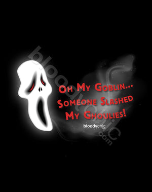 This ‘Oh my Goblin, someone slashed my Ghoulies!” T-shirt is perfect for fans of the cliché-ridden, teen slasher movie Scream. Their horrific puns and plots are honoured by bloodychic with huge dollops of self-ridicule and the infamous image of Ghostface. 