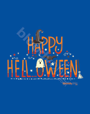 Anyone who enjoys the Hell out of Halloween should own this T-shirt. It’s a cool gift for guys or girls, or kids who like to get batty and spooky. Who the Hell could resist a Witch’s hat, broomstick and the charming spirit of a Happy Hell-ooooWeen ghost! 